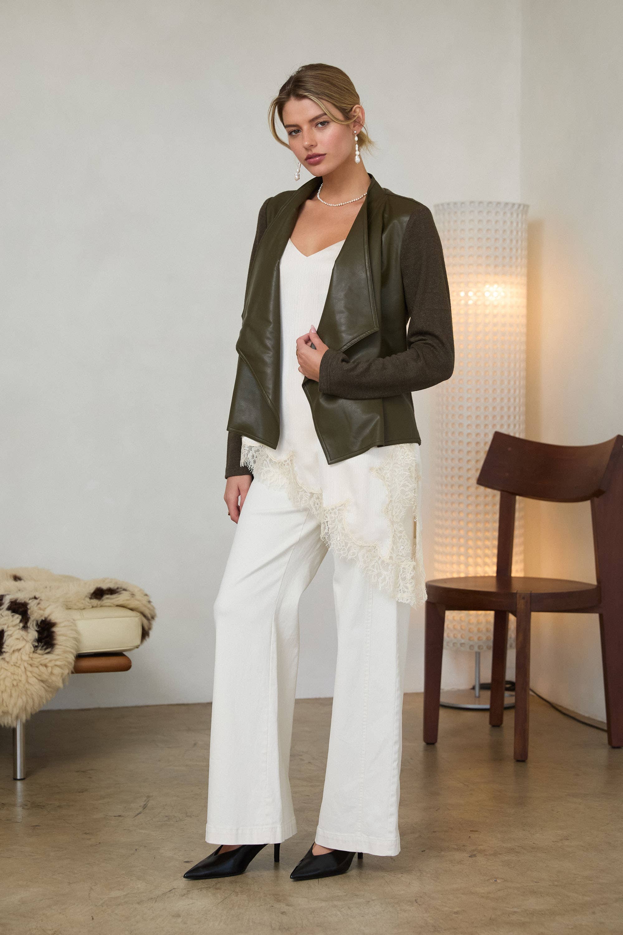 Mixed Media Faux Leather Draped Jacket: Olive / XS