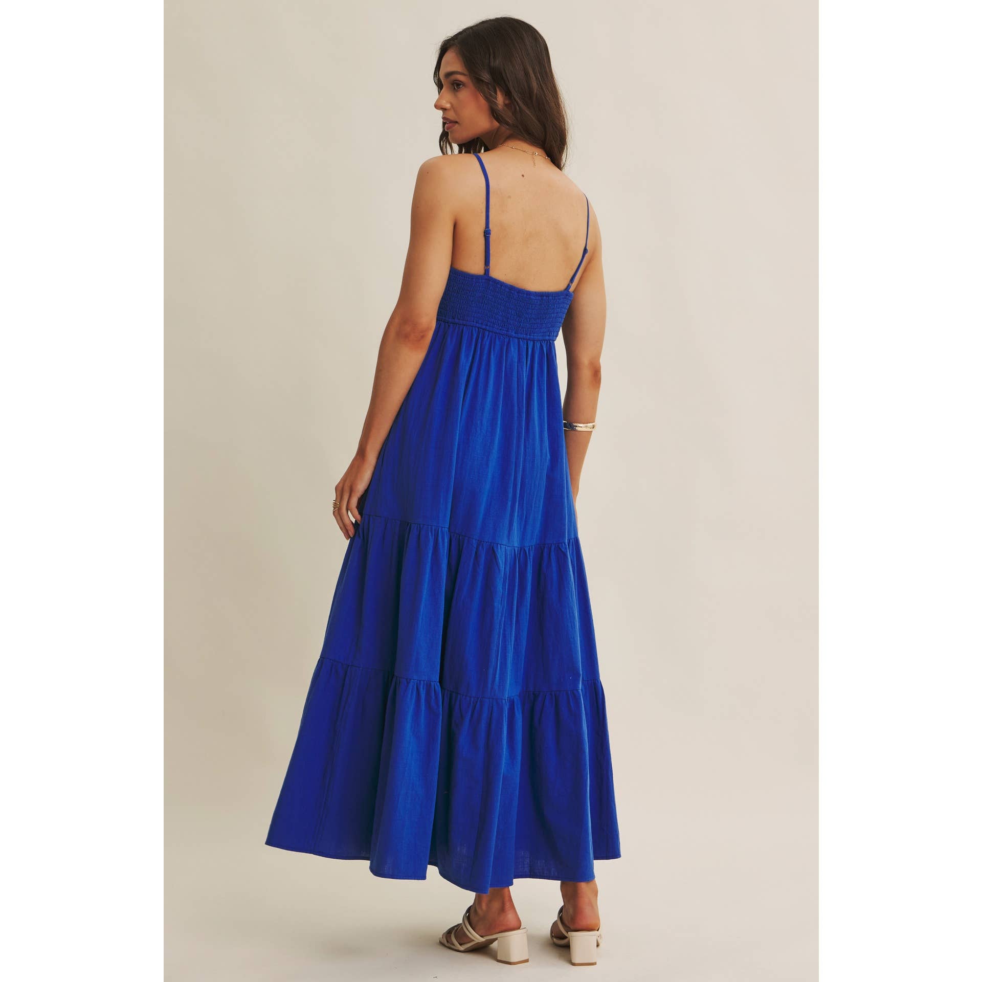 ISLAND SUNSET AIRY COTTON SMOCKED BACK RUCHED MAXI DRESS: ROYAL BLUE / S | Stella & Grace Boutique .