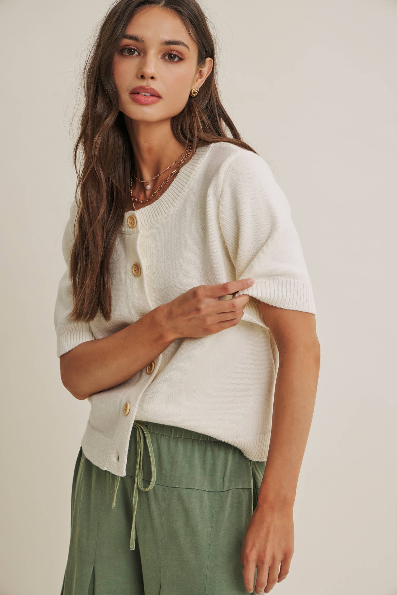 WEEKEND COFFEE MINIMAL SILHOUETTE COTTON CARDIGAN: IVORY / S