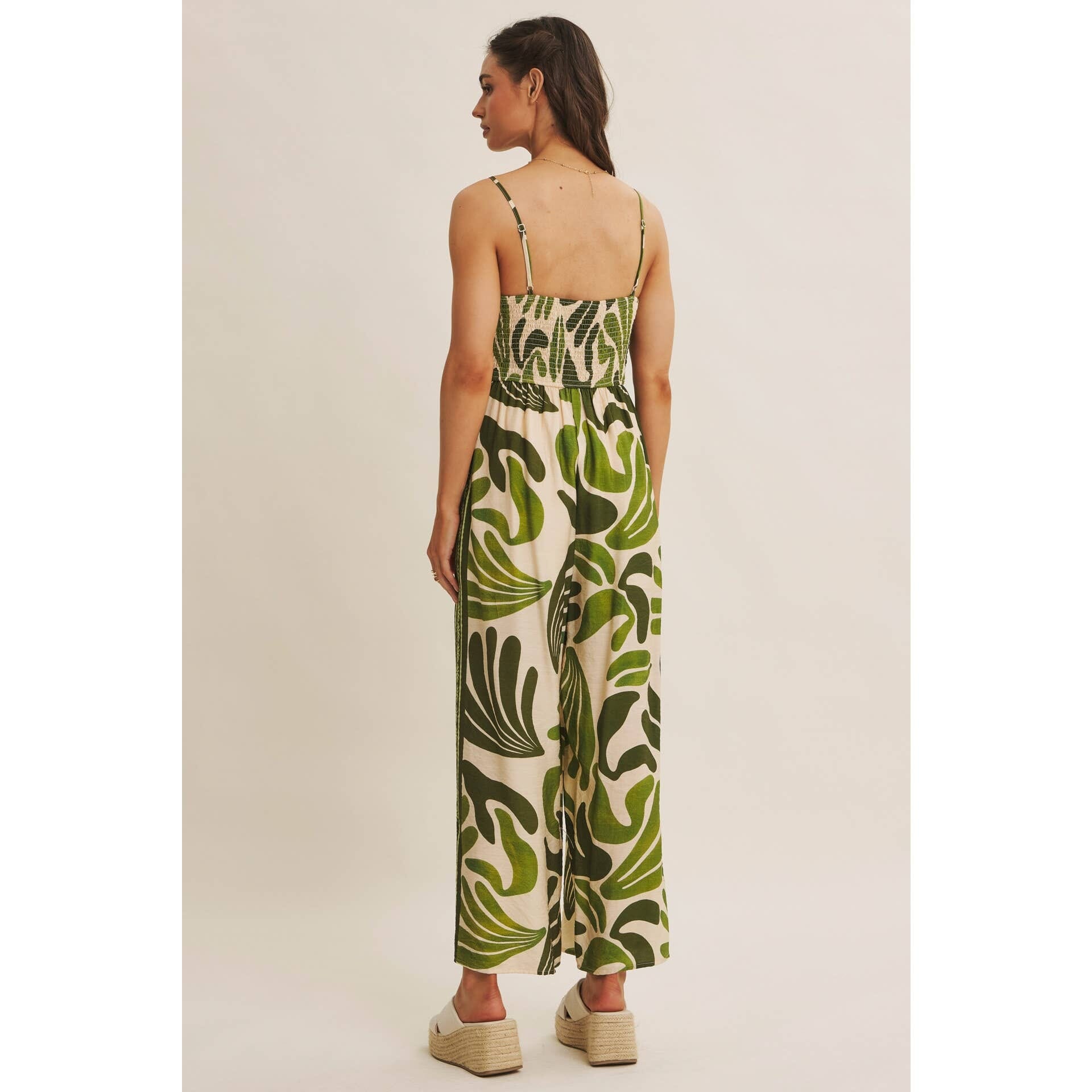ISLAND BREEZE BORDER PRINT KNOT FRONT WIDE-LEG JUMPSUIT: OLIVE / L