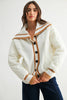 CONTRAST TRIM QUILTED KNIT JACKET - CJ25541: CREAM/CAMEL / S-M-L (3-2-1)