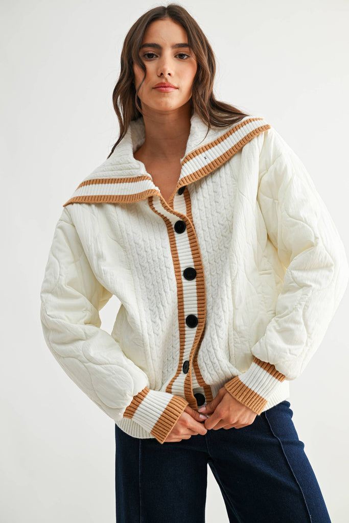 CONTRAST TRIM QUILTED KNIT JACKET - CJ25541: CREAM/CAMEL / S-M-L (3-2-1)