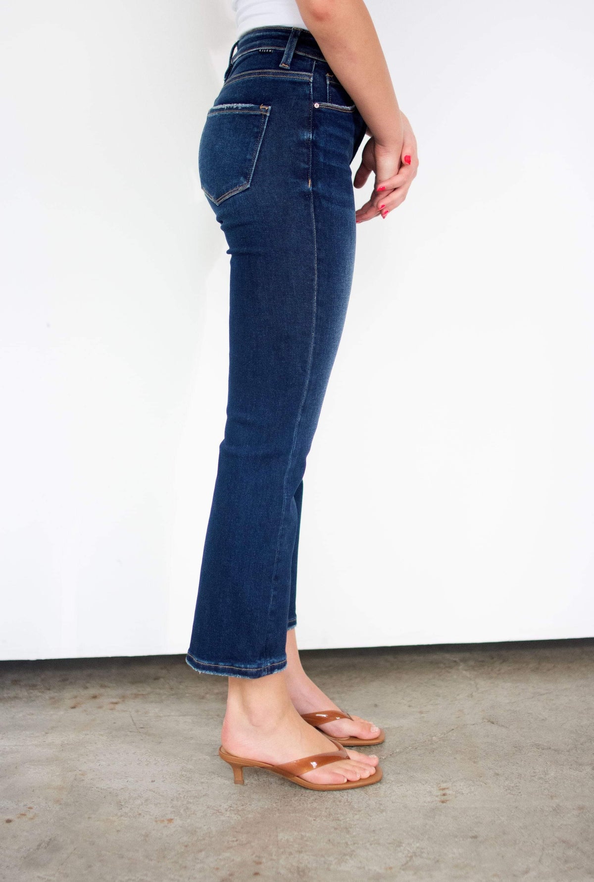 RISEN Deep Blue Tummy Control High Rise Crop Bootcut Jeans