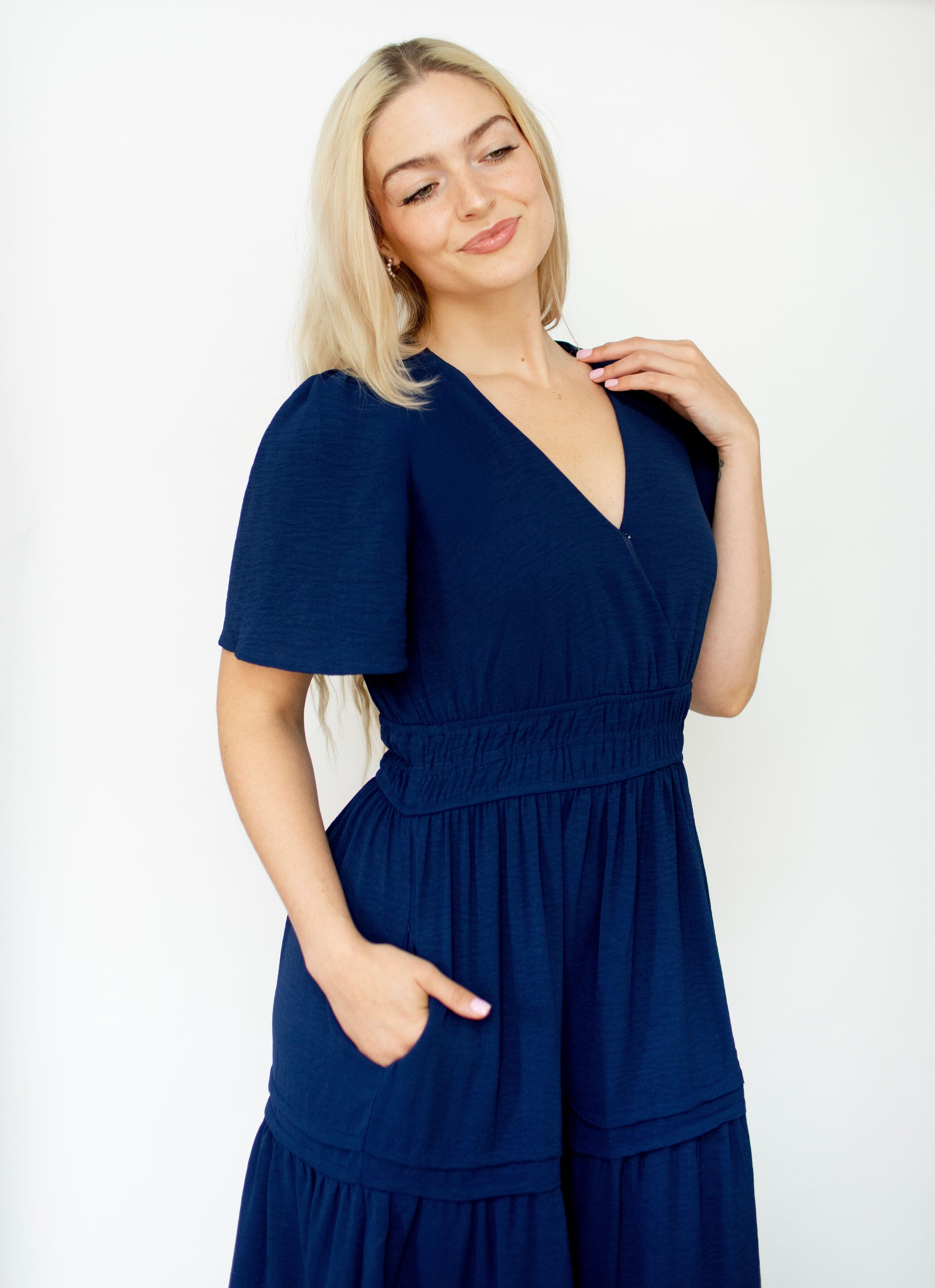 Navy Surplice Pintuck Tiered Maxi Dress