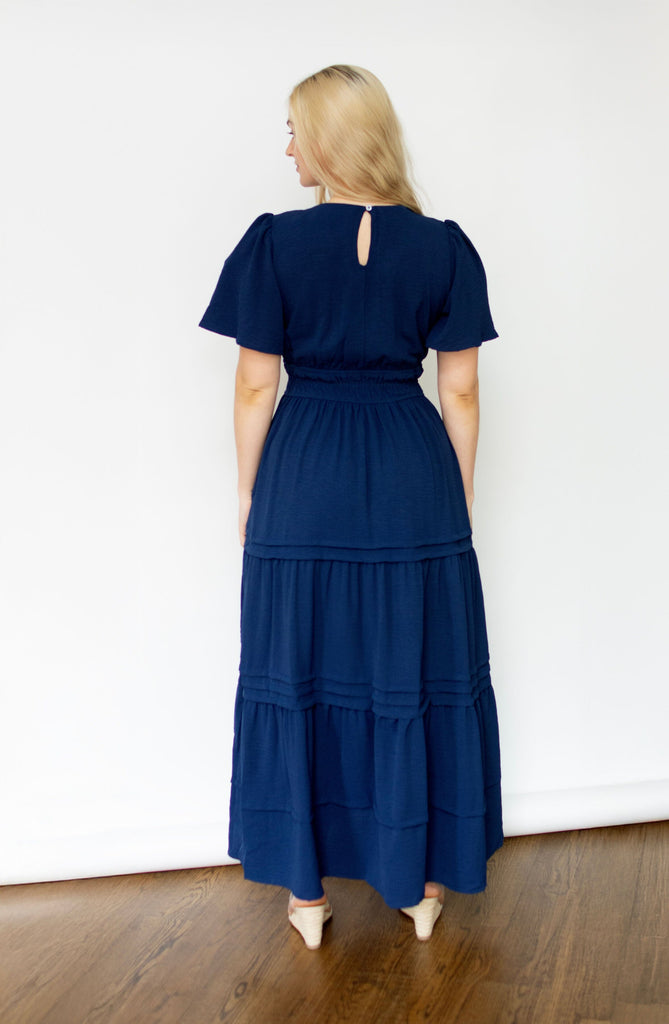 Navy Surplice Pintuck Tiered Maxi Dress