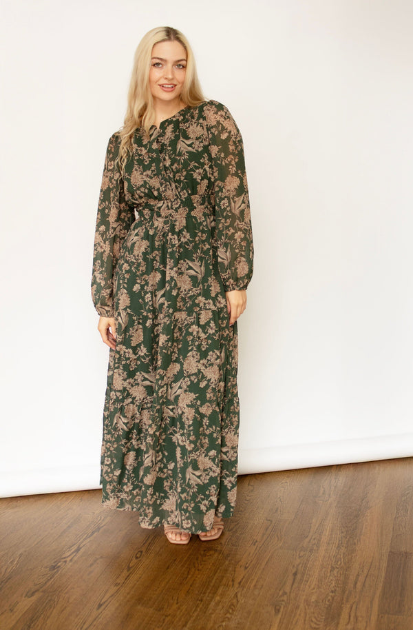 Sea Green Woven Print Tiered Maxi Dress