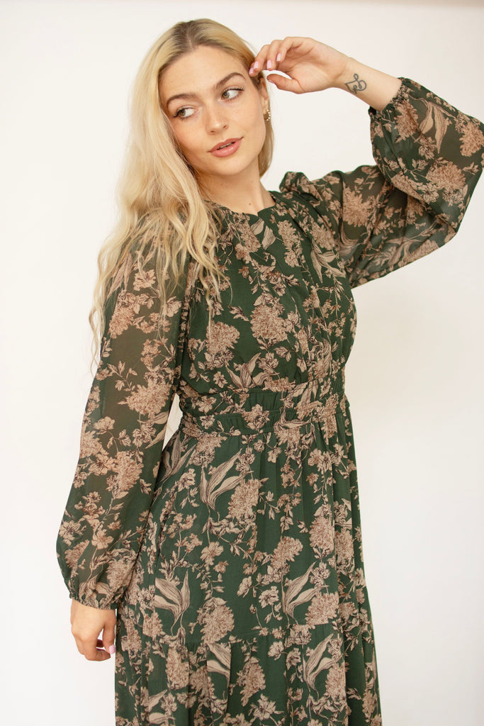 Sea Green Woven Print Tiered Maxi Dress