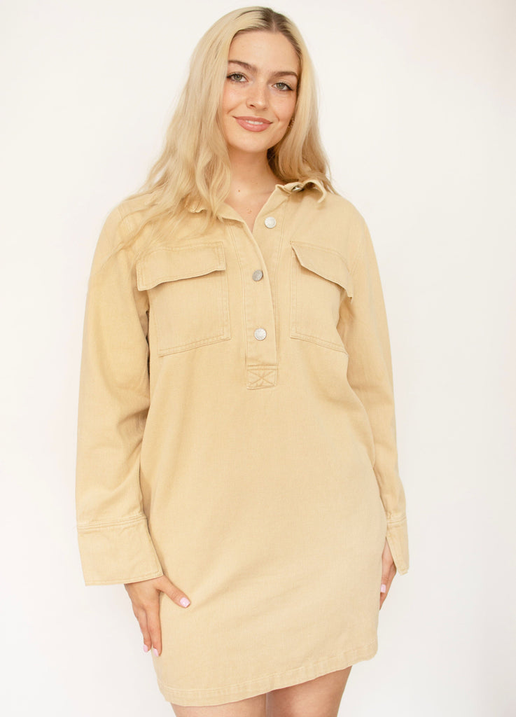 Taupe Washed Woven Shirt Dress