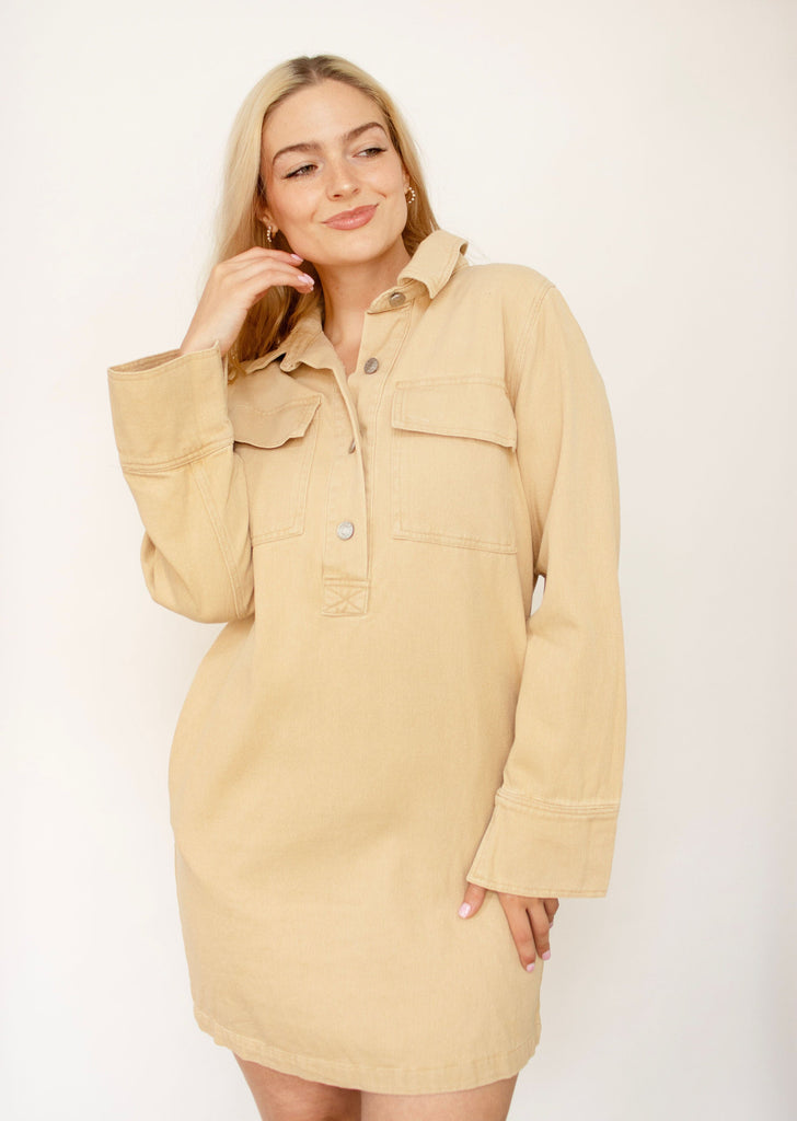 Taupe Washed Woven Shirt Dress