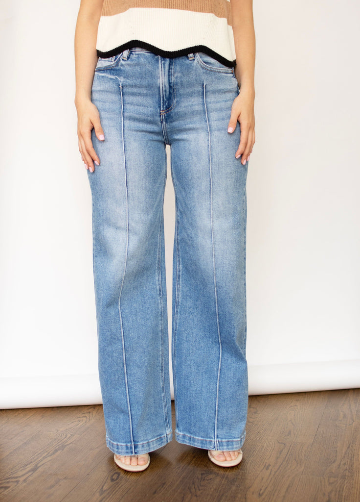 RISEN Tummy Control High Rise Wide Front Pintuck Jeans