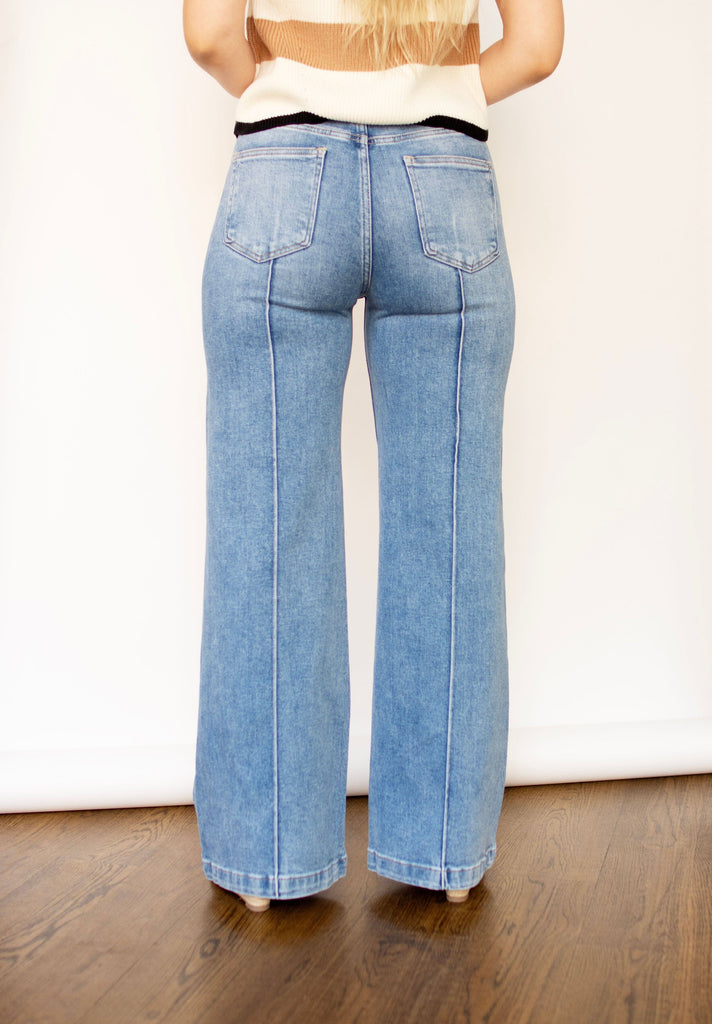 RISEN Tummy Control High Rise Wide Front Pintuck Jeans