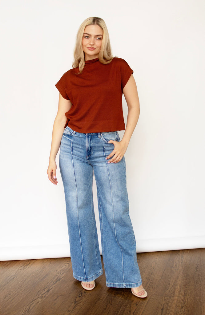 Rust Knit Mock Neck Pullover Top