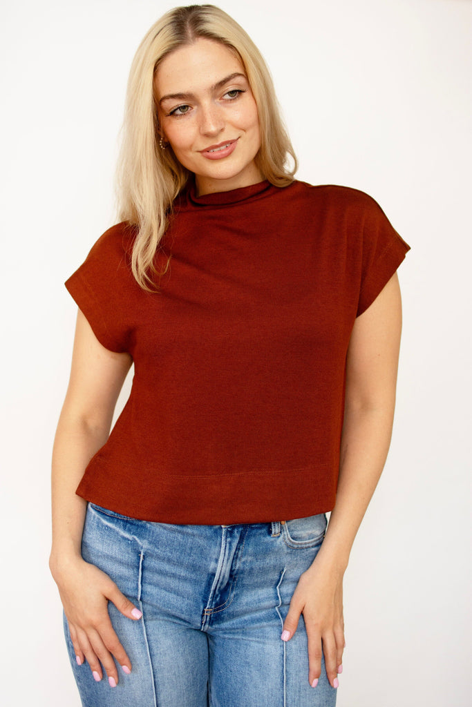 Rust Knit Mock Neck Pullover Top