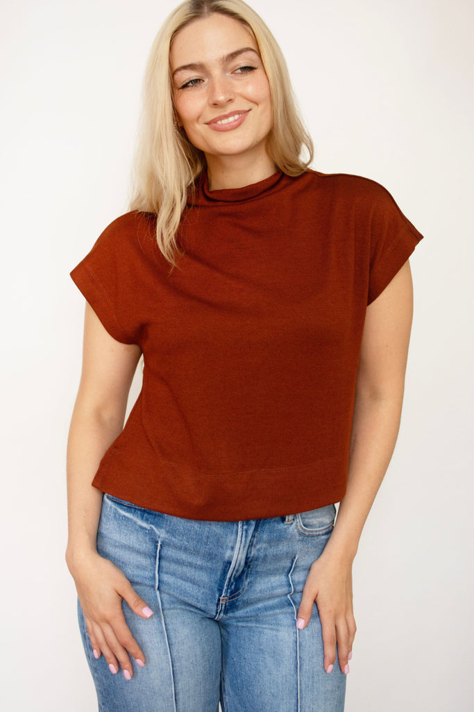 Rust Knit Mock Neck Pullover Top