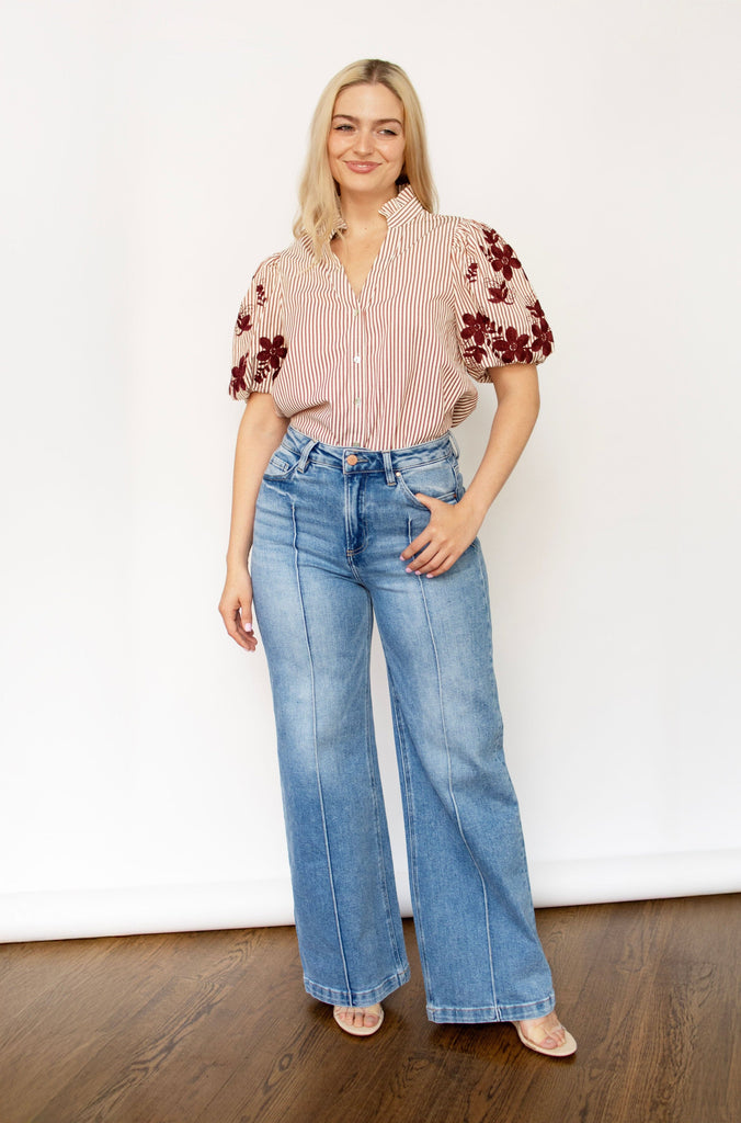 Burgundy Stripe Floral Embroidered Shirt