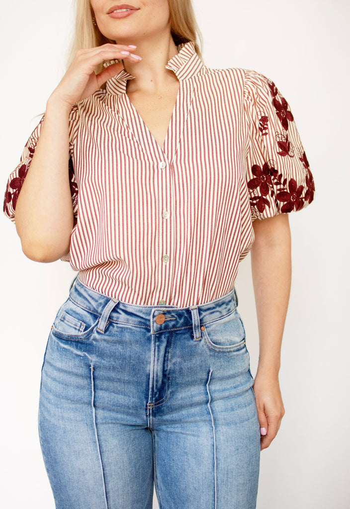 Burgundy Stripe Floral Embroidered Shirt