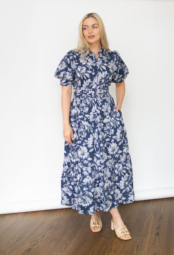 Navy Floral Puff Sleeve Midi Dress