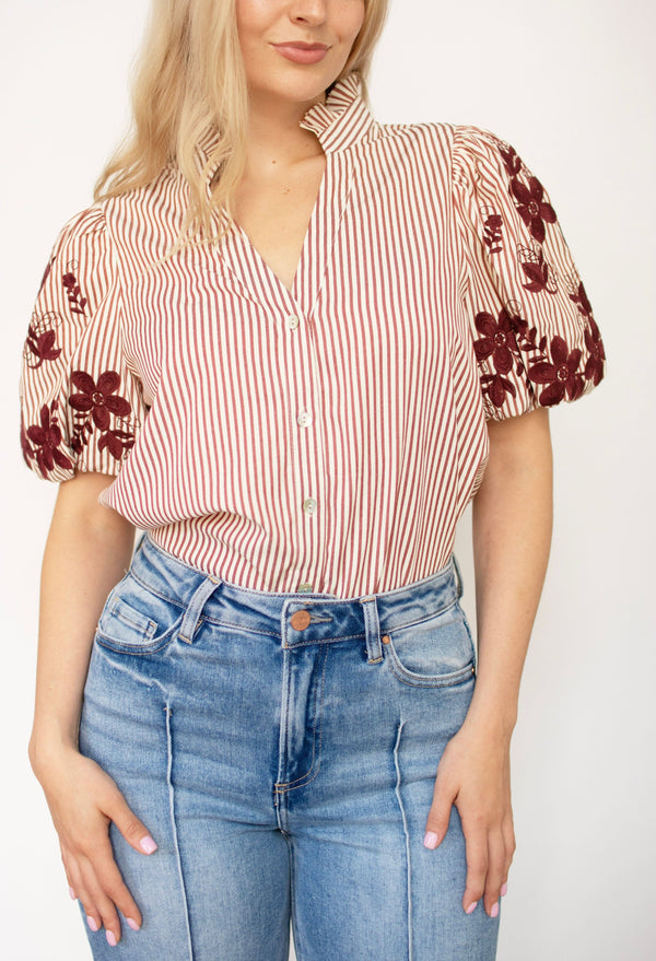 Burgundy Stripe Floral Embroidered Shirt