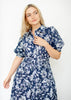 Navy Floral Puff Sleeve Midi Dress