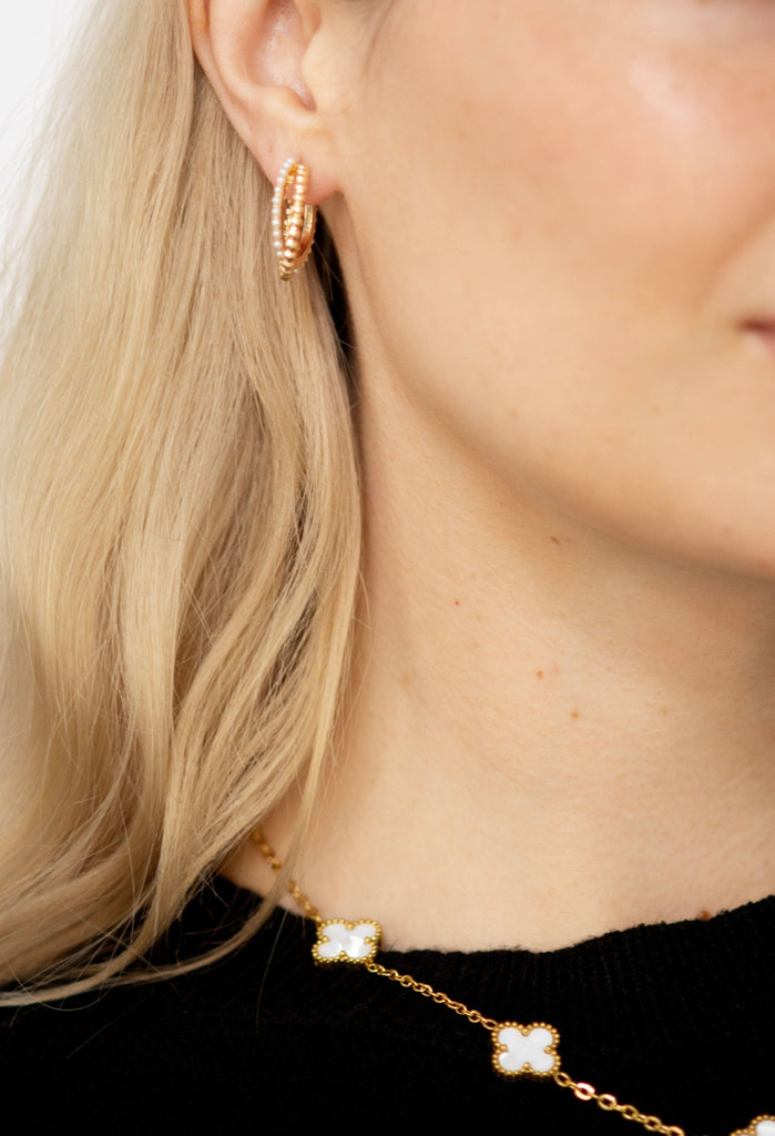 Gold Interwine Pearl Ball Cross Over Earrings
