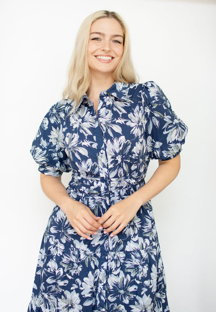 Navy Floral Puff Sleeve Midi Dress