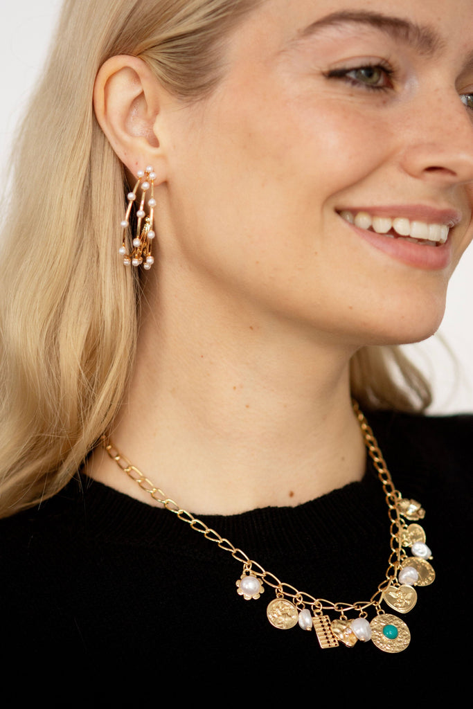 Triple Row Wire Pearl Hoop Earrings