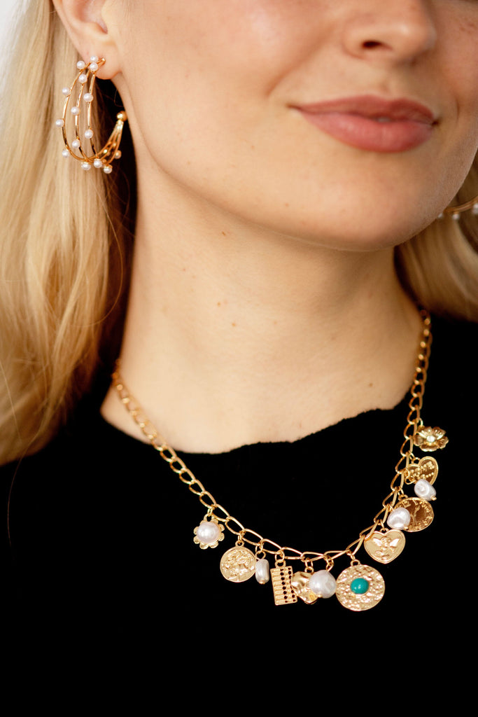 Pearl Heart Turquoise Coin Charm Necklace
