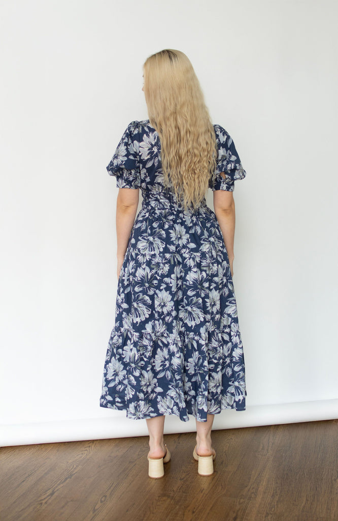 Navy Floral Puff Sleeve Midi Dress
