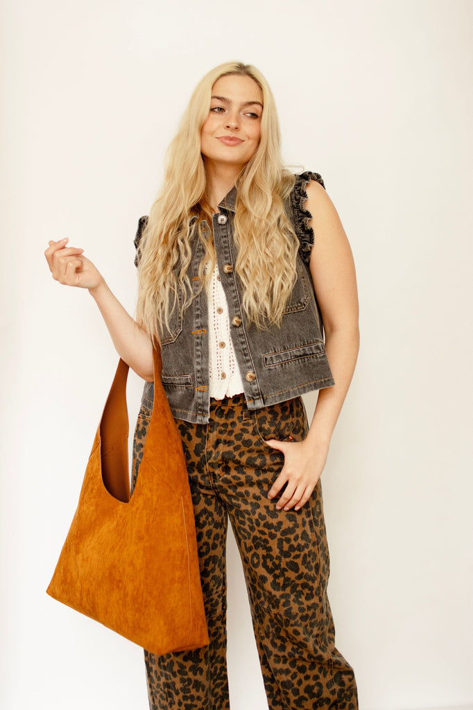 Charcoal Ruffle Detail Denim Vest