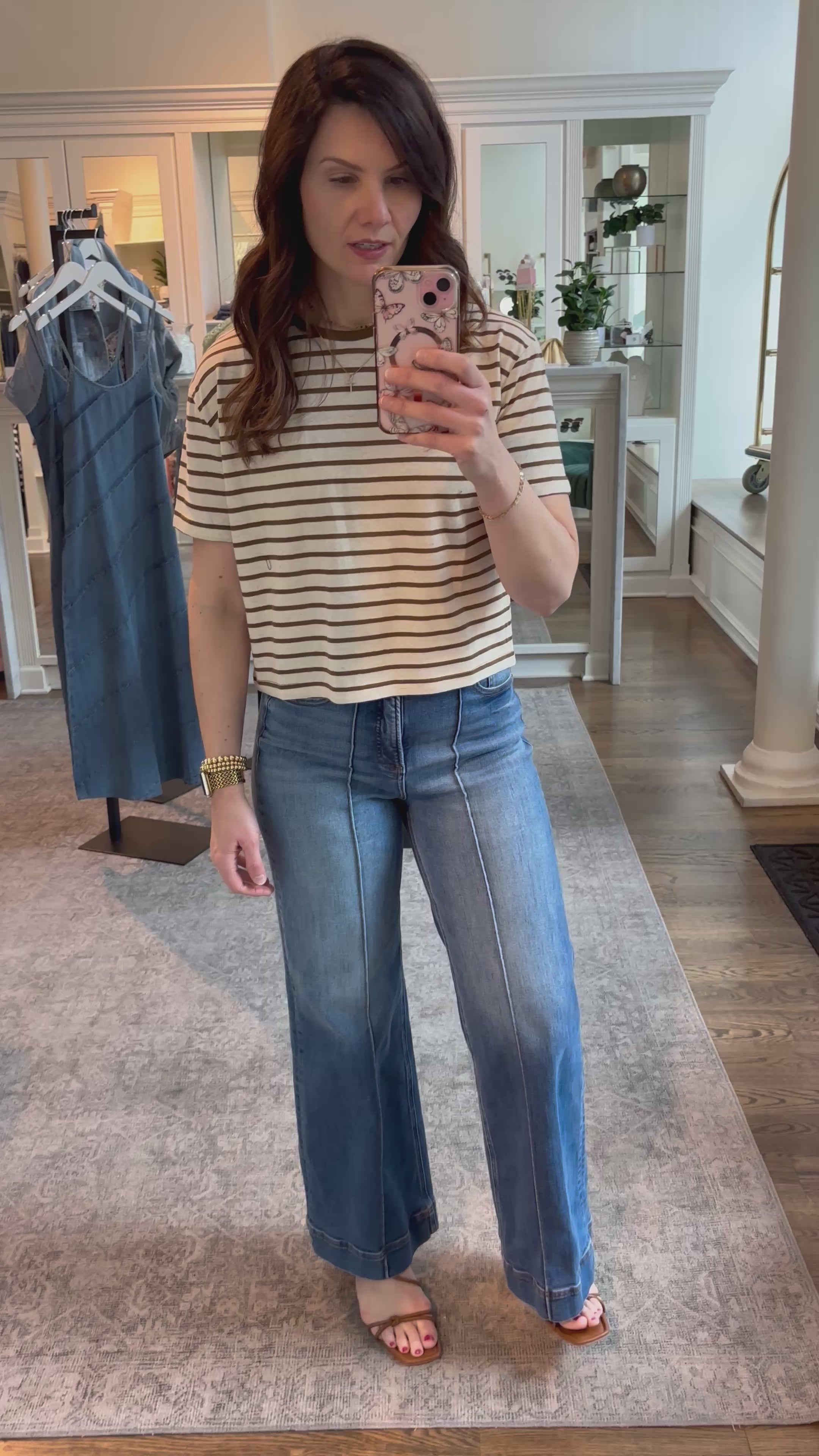 Sienna Brown Striped Linen-Blend Cropped Ringer Tee