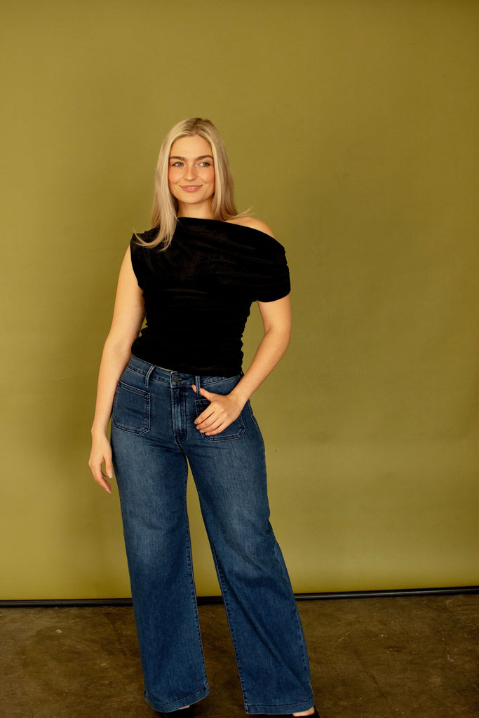 Black Asymmetrical Neckline Velvet Top