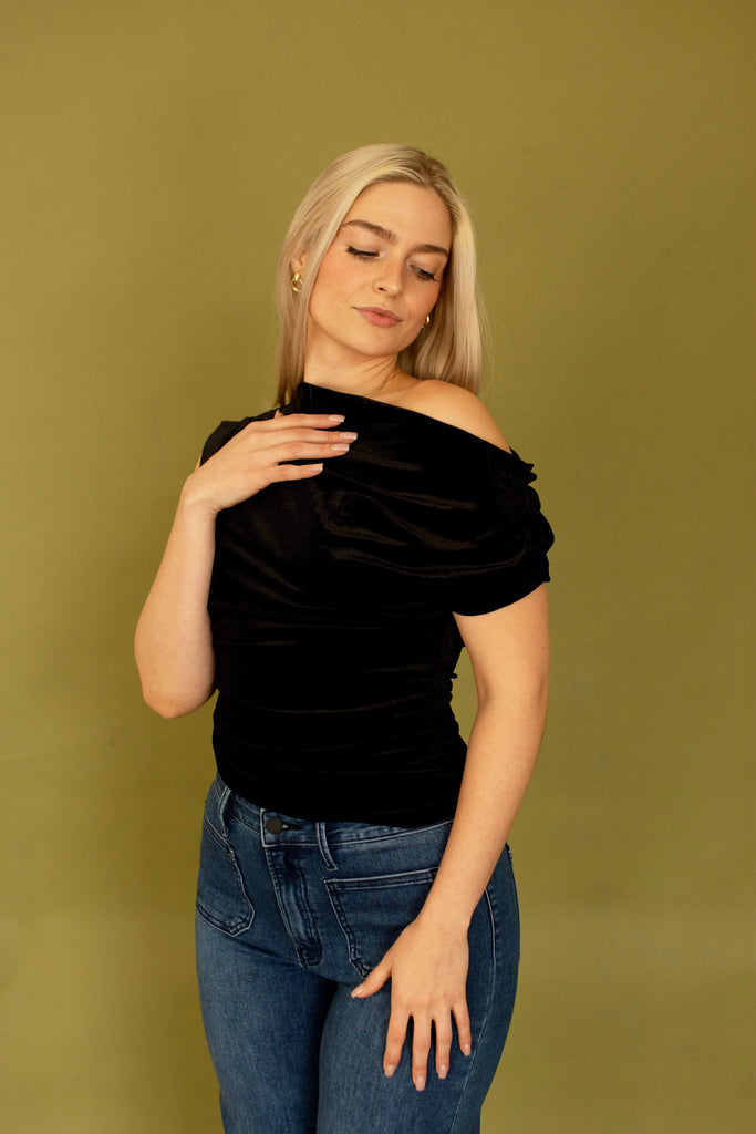 Black Asymmetrical Neckline Velvet Top