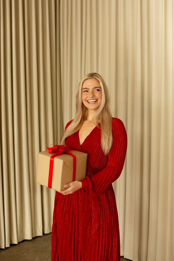 Red Surplice Pleated Midi Dress