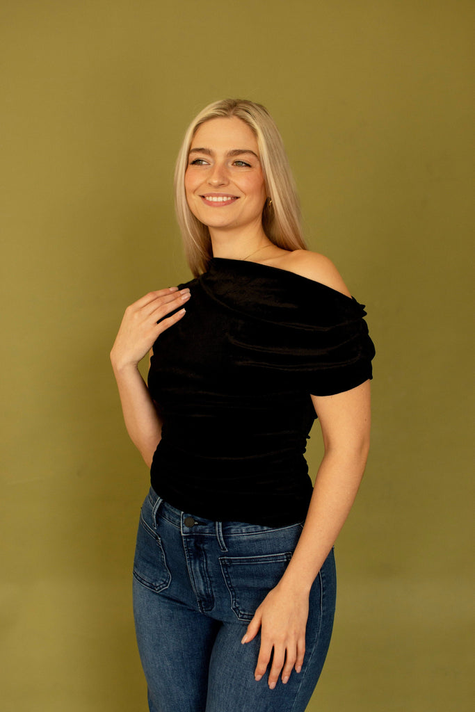 Black Asymmetrical Neckline Velvet Top