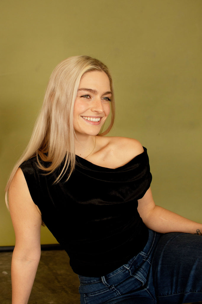 Black Asymmetrical Neckline Velvet Top