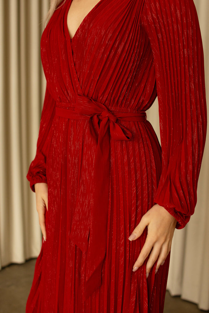 Red Surplice Pleated Midi Dress
