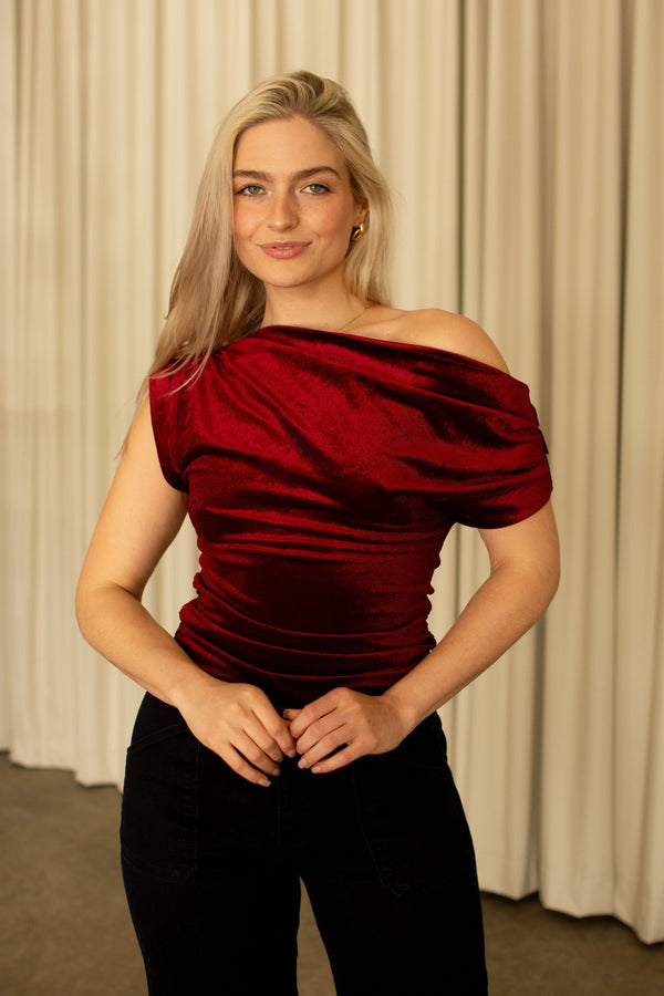 Burgundy Asymmetrical Neckline Velvet Top