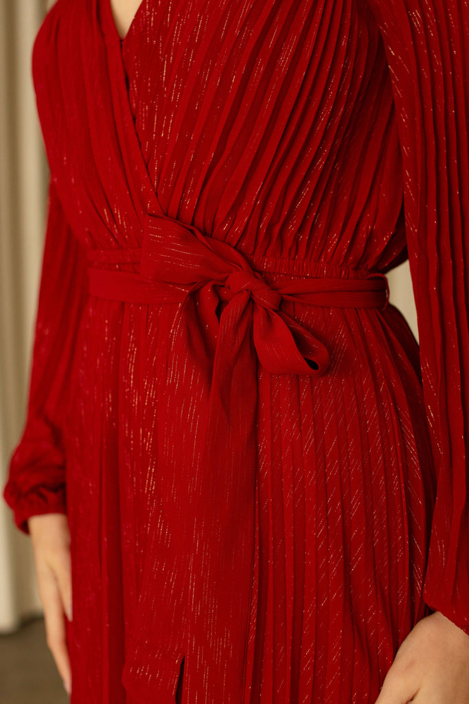 Red Surplice Pleated Midi Dress
