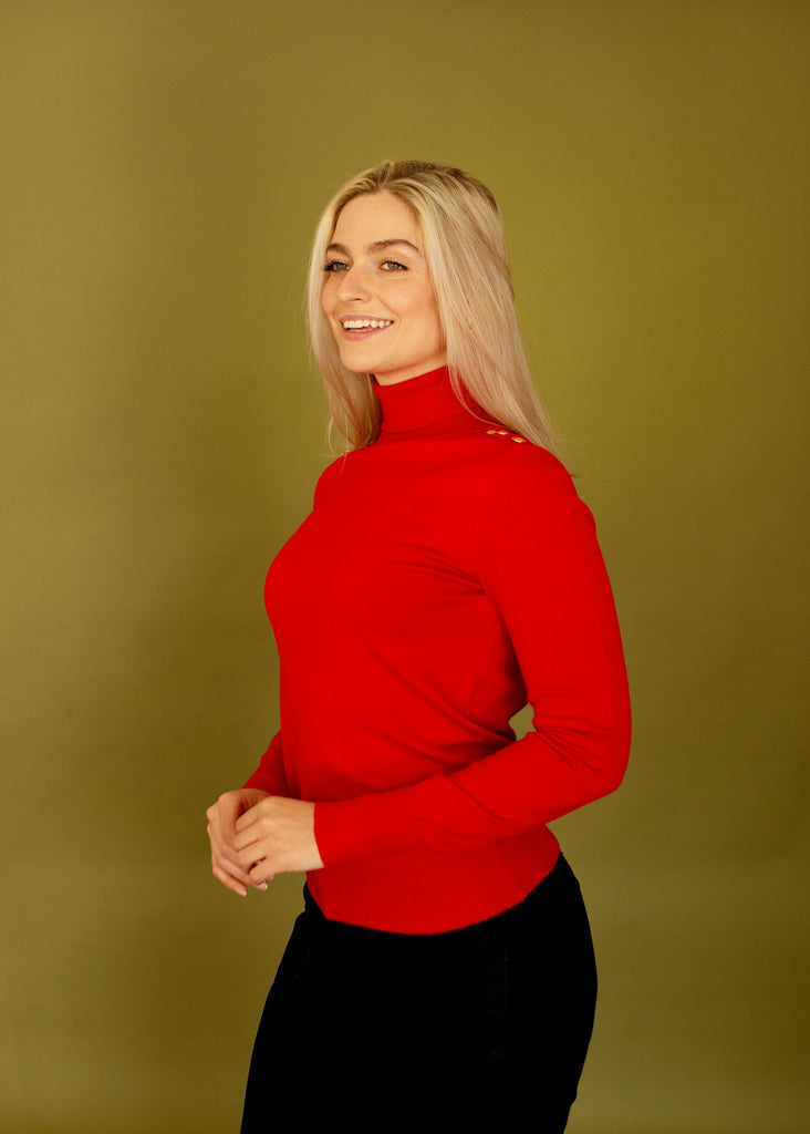 Red Gold Button Detail Turtleneck Top