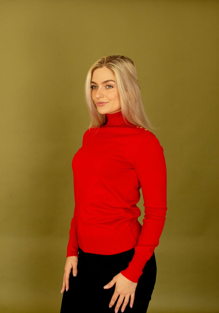 Red Gold Button Detail Turtleneck Top