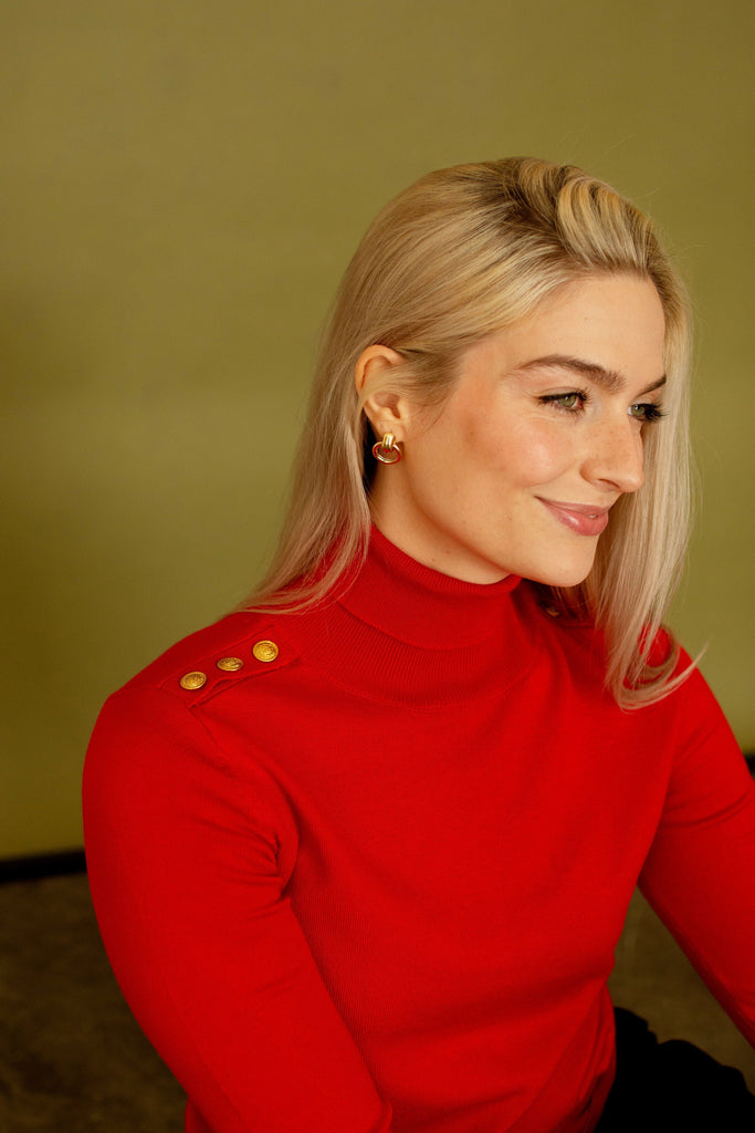 Red Gold Button Detail Turtleneck Top
