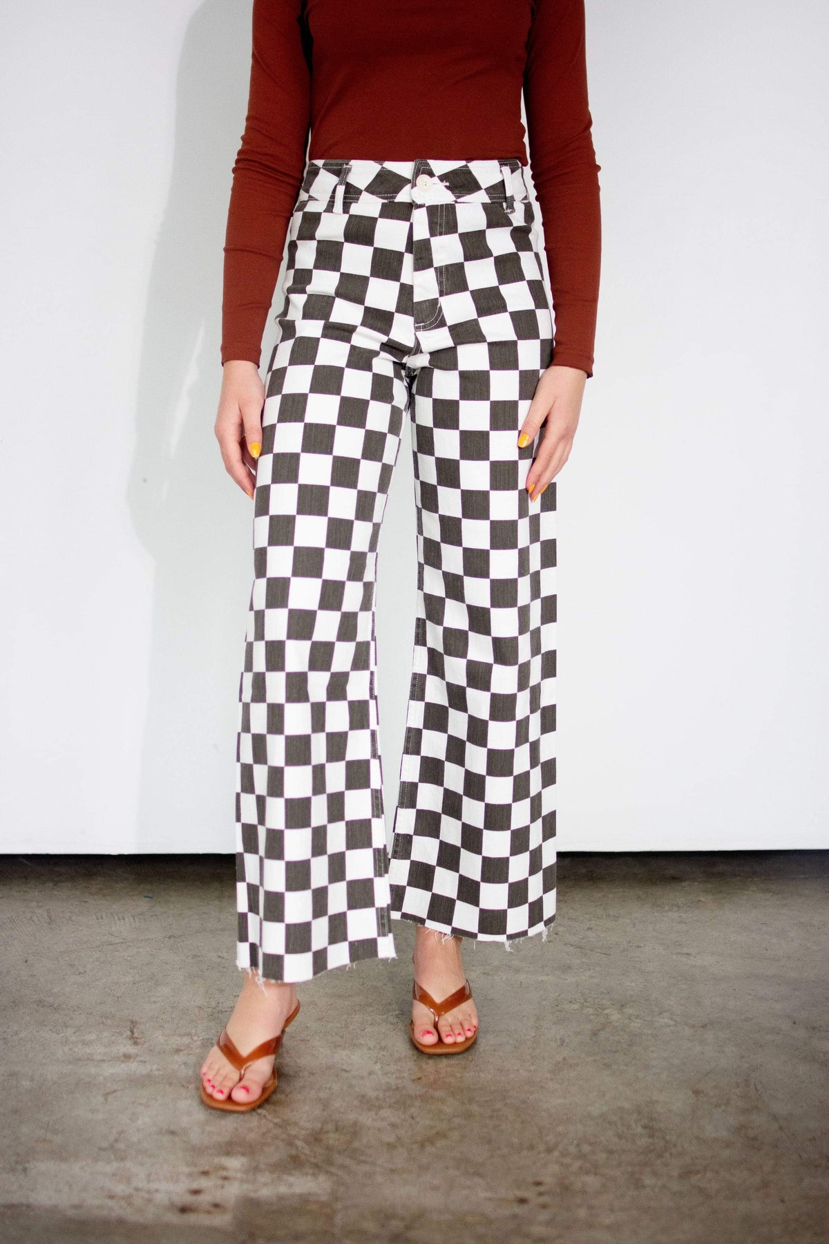 Charcoal Checkerboard High-Rise Wide-Leg Stretch Pants
