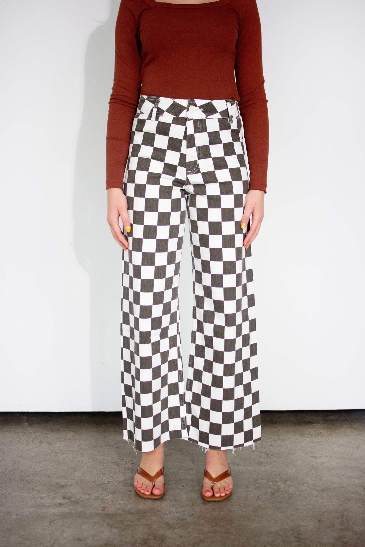 Charcoal Checkerboard High-Rise Wide-Leg Stretch Pants