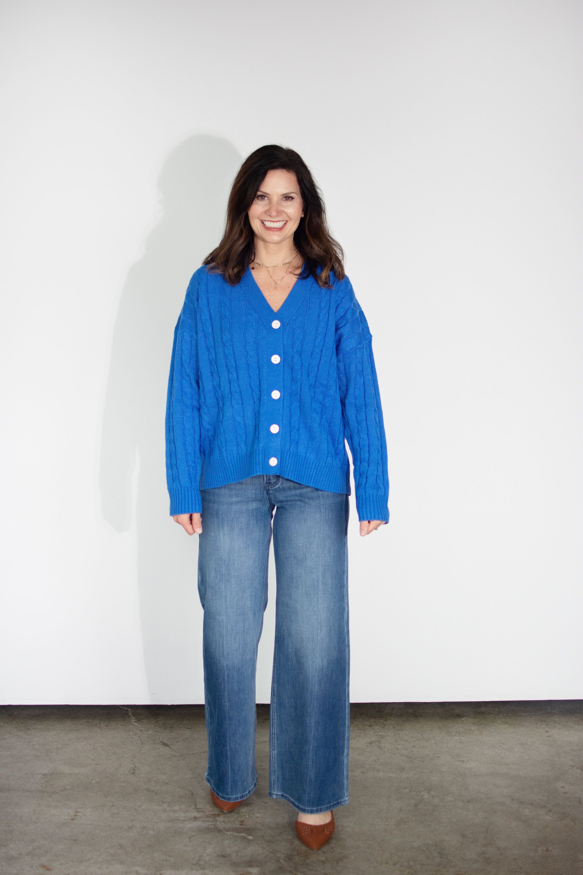 Royal Blue Relaxed Cable Knit V-Neck Cardigan