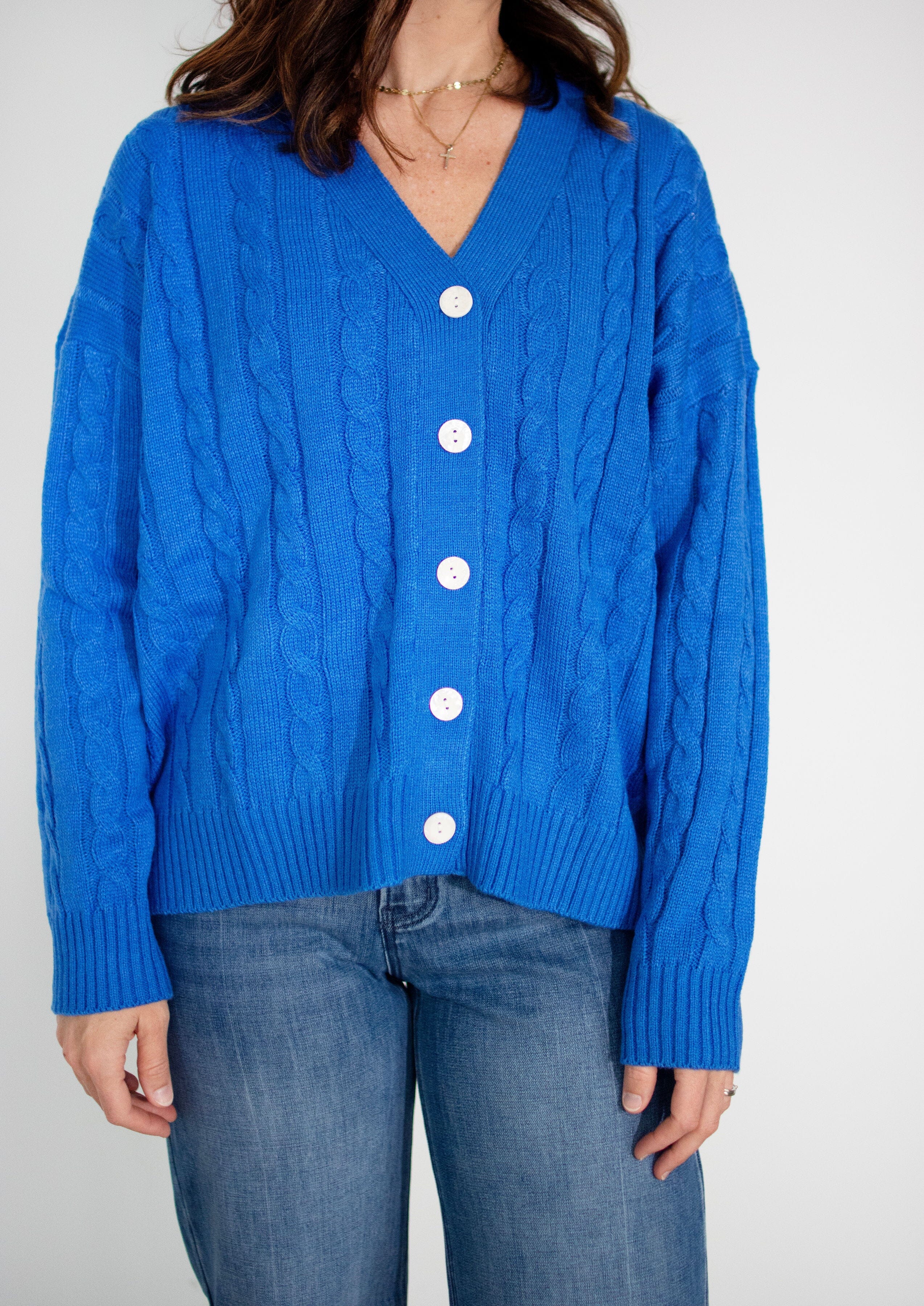 Royal Blue Relaxed Cable Knit V-Neck Cardigan
