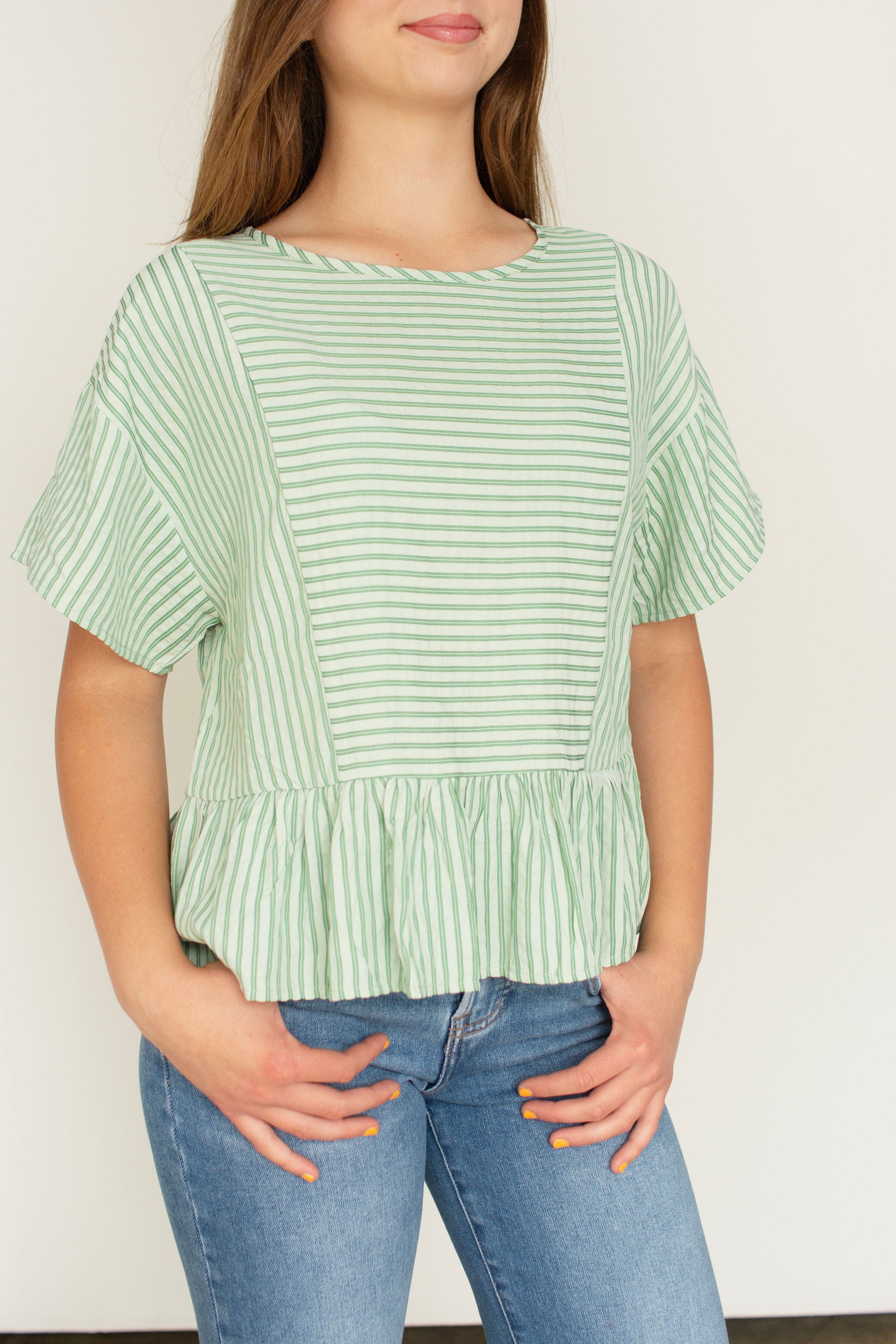 Clover Green Textured Stripe Babydoll Peplum Blouse