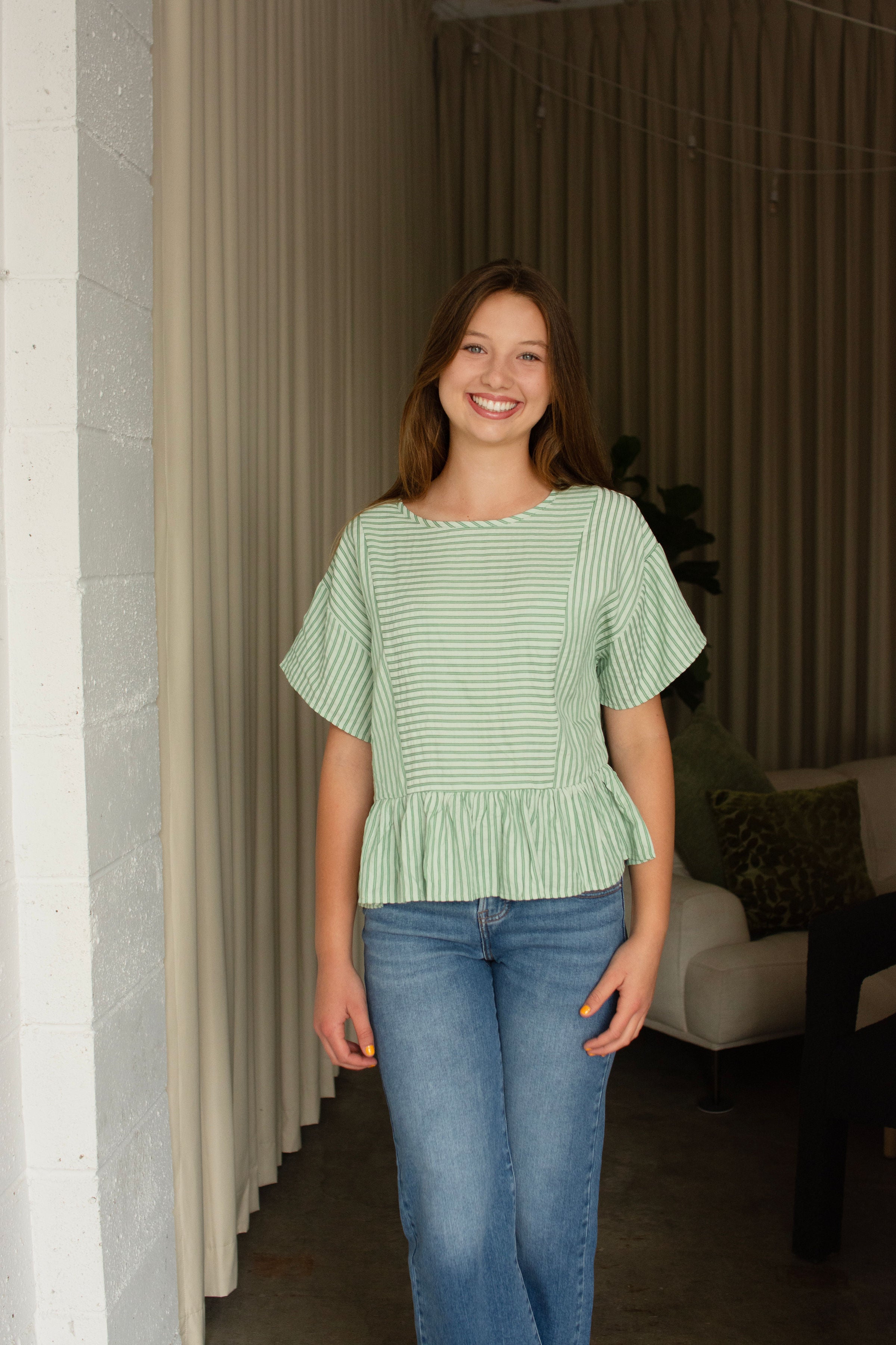 Clover Green Textured Stripe Babydoll Peplum Blouse
