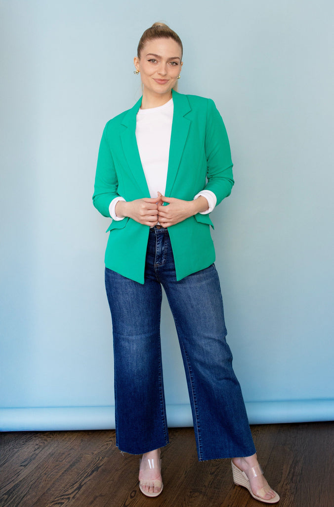 Emerald Green Shirred Sleeve Blazer