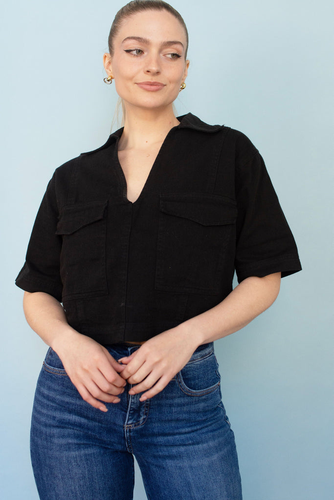 Black Short Sleeve Denim Shirt