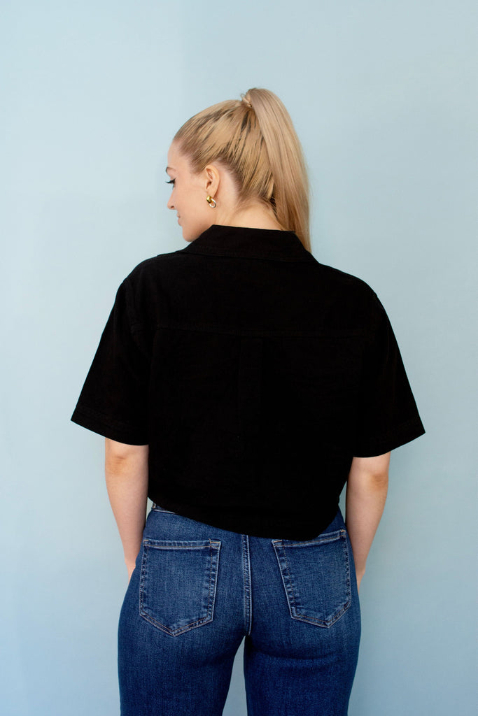 Black Short Sleeve Denim Shirt